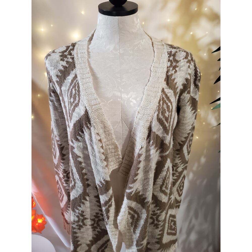 Arizona Aztec Diamond Neutral Tan Cream Open Cardigan Sweater Womens Size S - Picture 2 of 13
